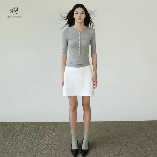 SHUOMI 美式运动休闲短袖T恤女高弹修身中袖上衣纯色亨利领打底衫